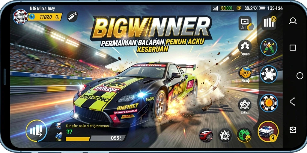 Tangkapan layar utama menampilkan aksi balapan seru di BIGWINNER.