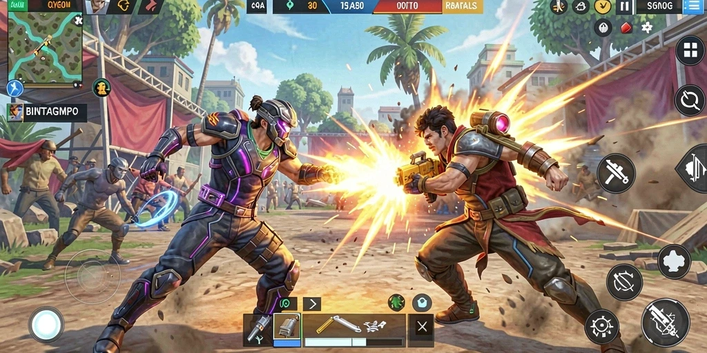 Tampilan layar gameplay penuh aksi dari BINTANGMPO Battle Royale.