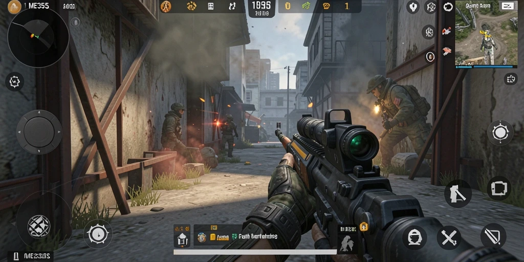 Tampilan screenshot gameplay ME355 dengan aksi tembak-menembak yang seru.