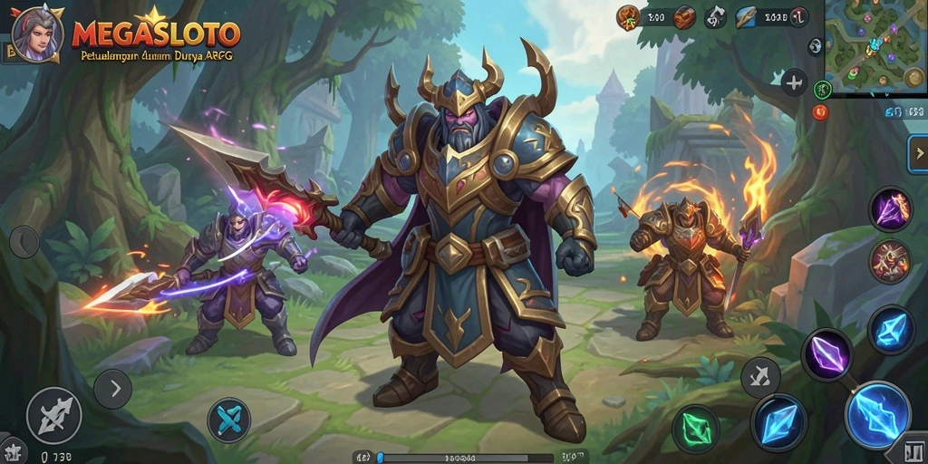 Gameplay seru MEGASLOTO dengan pertempuran epik dan karakter unik.