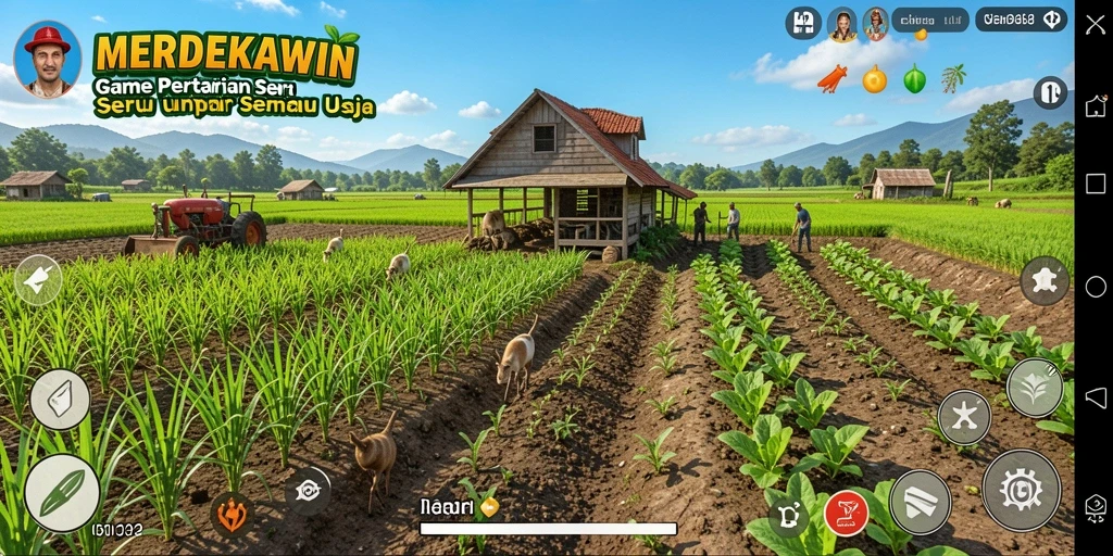 Tampilan gameplay MERDEKAWIN yang seru dengan keindahan lahan pertanian.