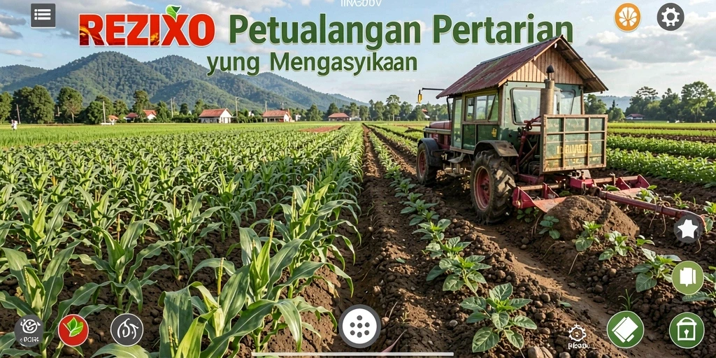 Tangkapan layar gameplay REZIXO menampilkan suasana pertanian yang hidup.